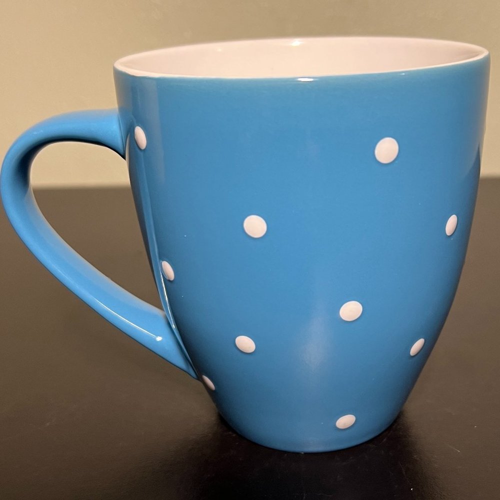 Set of 2 Blue Yellow Embossed White Polka Dot Ceramic Coffee Tea Cups Mugs - Picture 4 of 6
